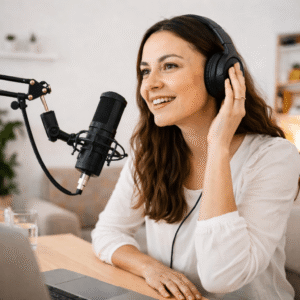 Mujer con auriculares y micrófono