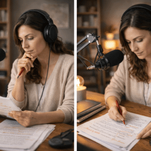 Mujer analizando su manuscrito antes de grabarlo como audiolibro.